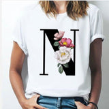 26 alphabet letter women T-shirt Girl A To Z Alphabet combination flowers Short Sleeve casual Korean Style Tops,Drop Ship N / S