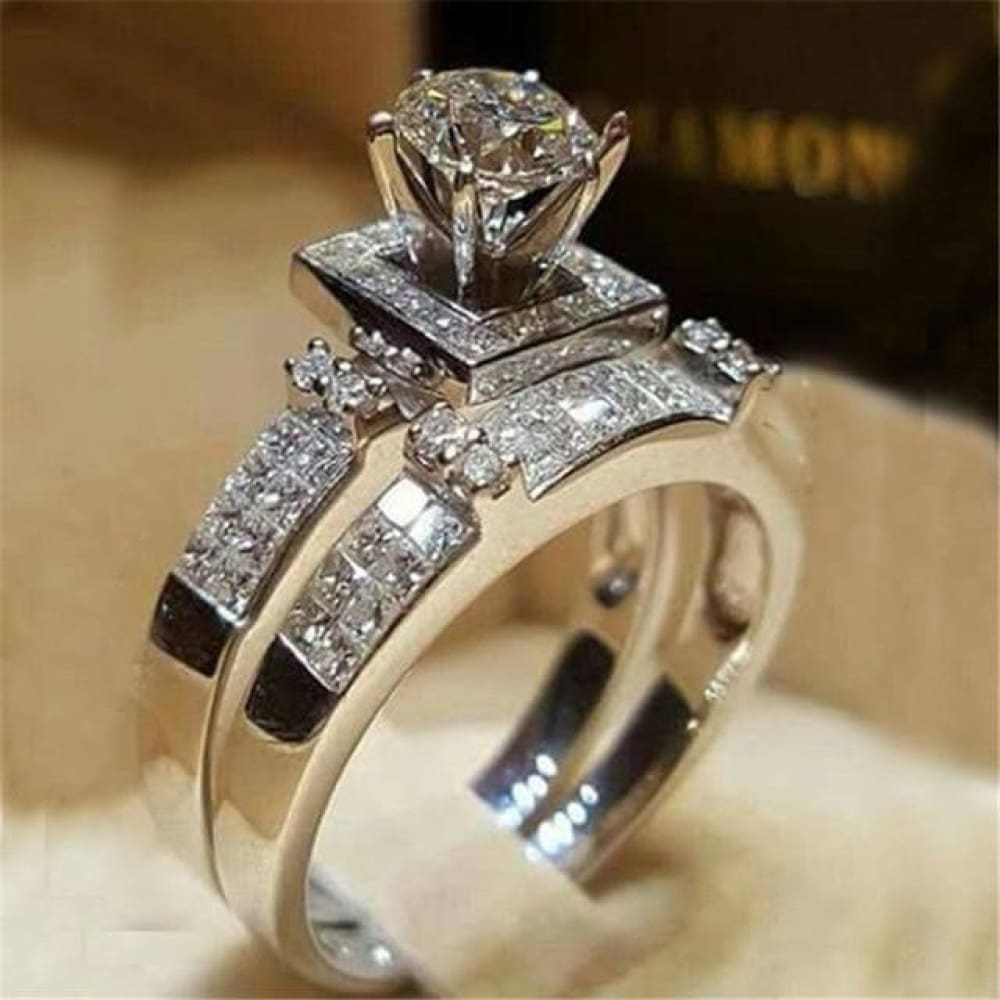 2Pcs Sliver Bridal Set Elegant rings Women Wedding Engagement Jewelry 8 / A