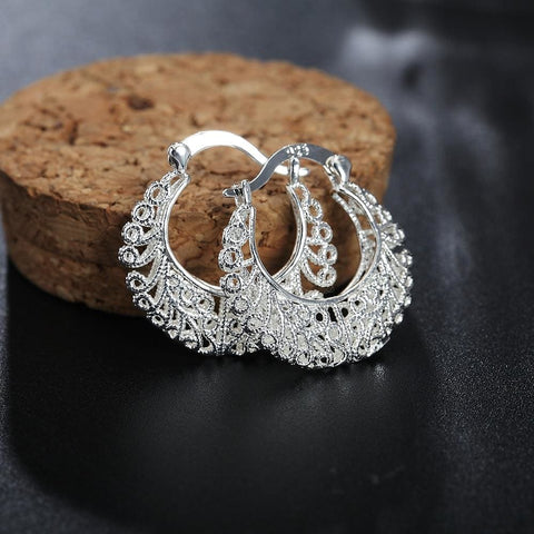 925 Sterling Silver Classic Round Filigree Hoop Earrings Silver Plated