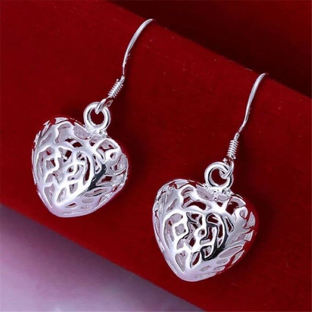 925 Sterling Silver Filigree Heart Drop Dangle Hook Earrings 50647