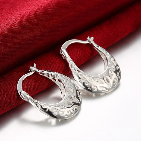 925 Sterling Silver Filigree Oval French Hoop Earrings