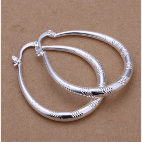 925 Sterling Silver Oval Striped Etched Hoop Pierced Earrings 