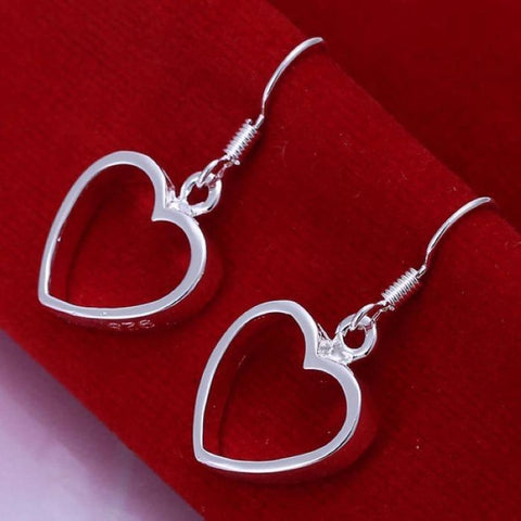 925 Sterling Silver Plated Hollow Open Heart Drop Dangle Earrings Silver Plated