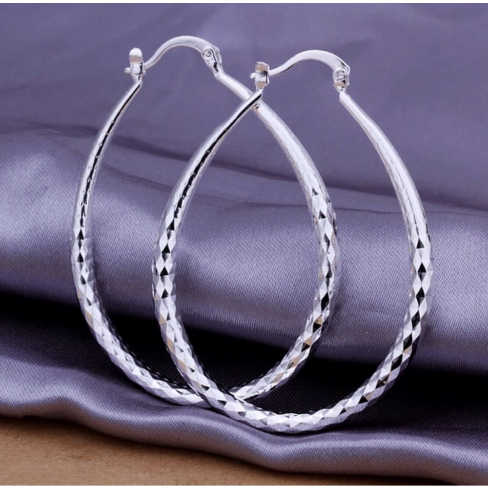 925 Sterling Silver Women’s Diamond Cut Etched Oval 2” Inch Hoop Earrings