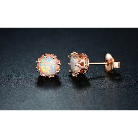 Fire Opal Crown Stud Earrings in 18K Rose Gold Plated