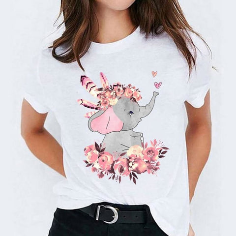Graphic T Shirt for Women Elephant Love Fashion Print T-shirts Top Womens Tee T-Shirt