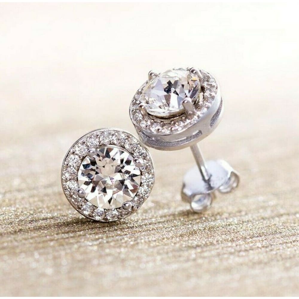 Halo Round cut Simulated Crystal Silver Jacket stud post Earrings