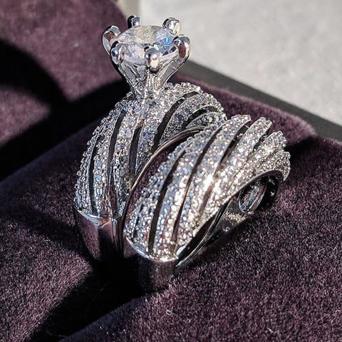 Silver Luxury Wedding Ring Set Women Bride Engagement Anniversary Jewelry