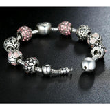 Silver Pink Charm Bracelet with Heart Love and Flower Beads