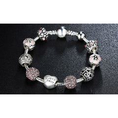Silver Pink Charm Bracelet with Heart Love and Flower Beads
