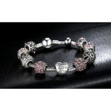 Silver Pink Charm Bracelet with Heart Love and Flower Beads