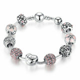 Silver Pink Charm Bracelet with Heart Love and Flower Beads