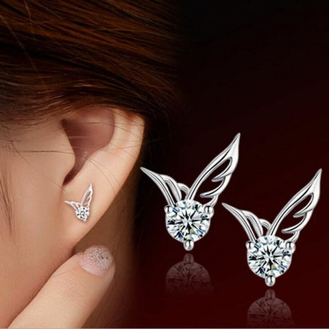  Sterling Silver Crystal Angel Wings Stud Earrings 