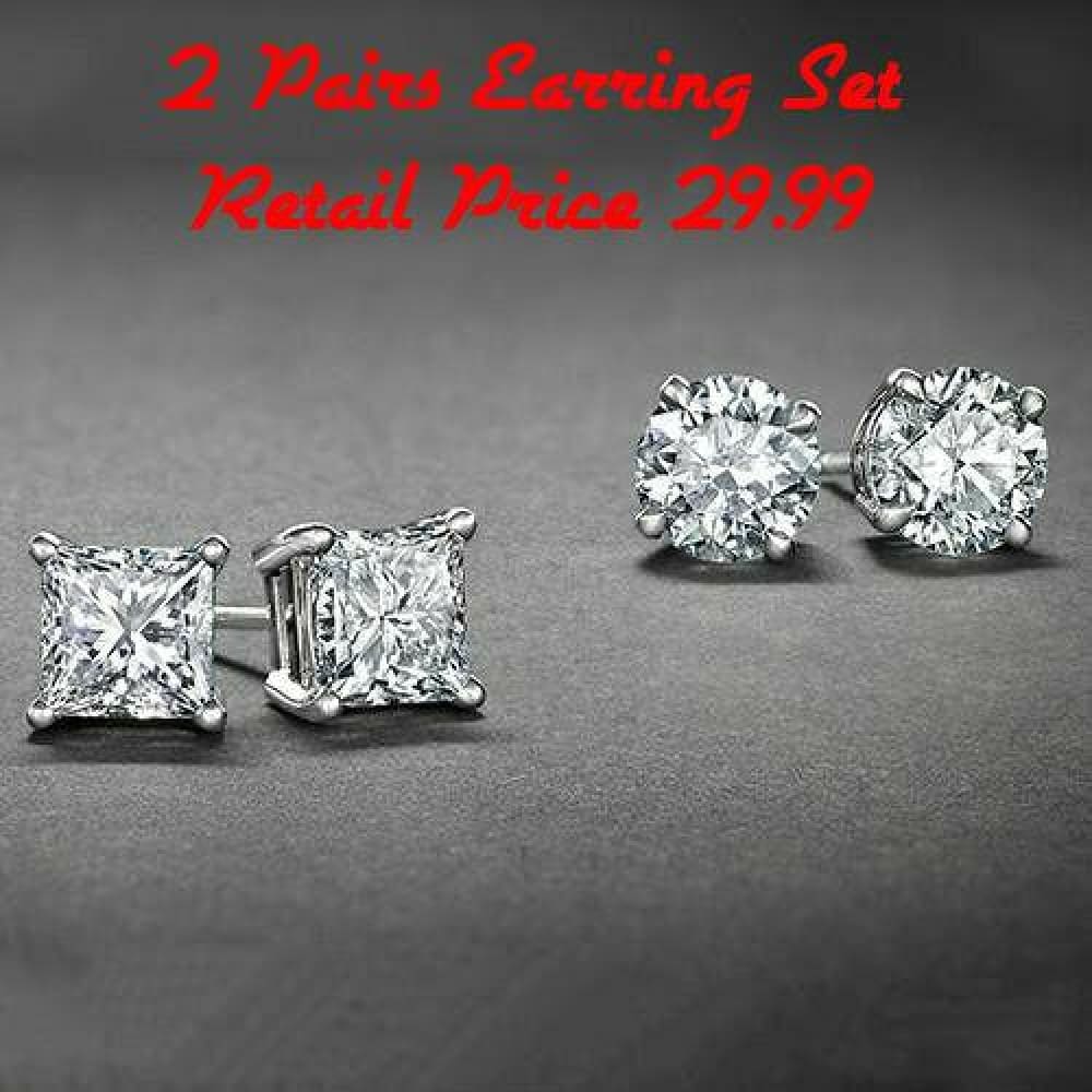 Sterling Silver Stud Earrings Cubic Zirconia Round Men Women 2PC CZ Earrings Set