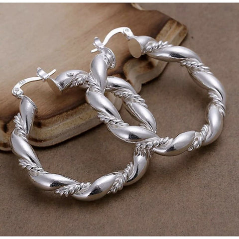 Twist Rope 925 Sterling Silver 1.75" Unique Details Round Snap Hoop Earrings