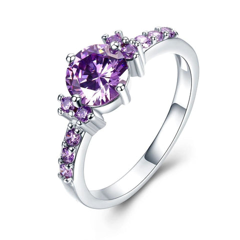 White Gold Plated Purple CZ Crystal Engagement Wedding Ring