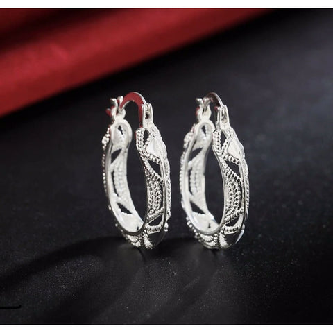 Women 925 Sterling Silver Filigree Round Oval Unique Hoop Earrings