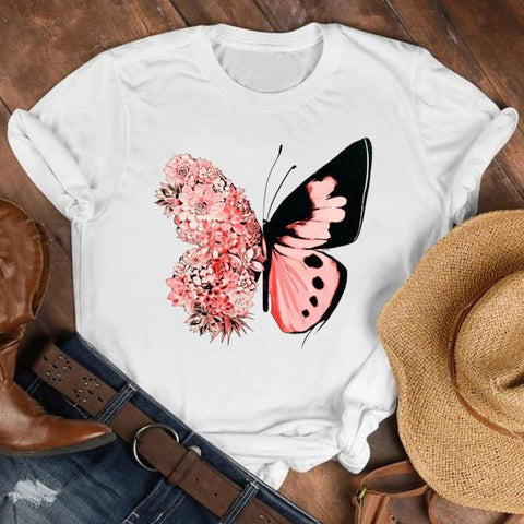 Women Butterfly Floral Shirt Tshirt Tee Women’s Top Print T Graphic T-shirt