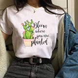 Women Cactus Flower Happy Fashion Short Sleeve Tees Tops Graphic T Shirt CZ20364 / S