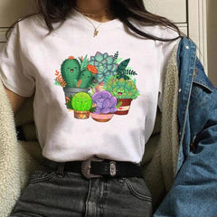Women Cactus Flower Happy Fashion Short Sleeve Tees Tops Graphic T Shirt