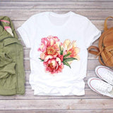 Women Flower Lady Fashion Short Sleeve Aesthetic Clothes Summer Shirt T-shirts Top T Graphic Female Ladies Womens Tee T-Shirt CZ21852 / L