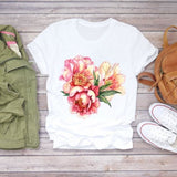 Women Flower Short Sleeve Print Floral Watercolor Shirt Top Graphic Tee T-Shirt CZ21852 / L