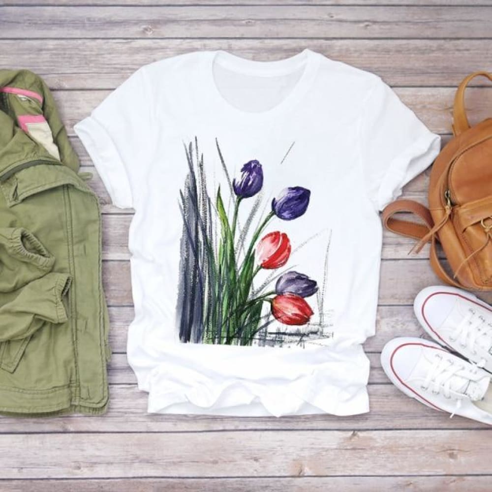 Women Flower Short Sleeve Print Floral Watercolor Shirt Top Graphic Tee T-Shirt CZ21856 / XL
