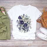 Women Flower Short Sleeve Print Floral Watercolor Shirt Top Graphic Tee T-Shirt CZ21857 / S