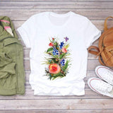 Women Flower Short Sleeve Print Floral Watercolor Shirt Top Graphic Tee T-Shirt CZ21841 / M