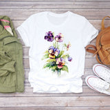 Women Flower Short Sleeve Print Floral Watercolor Shirt Top Graphic Tee T-Shirt