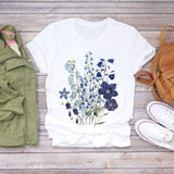 Women Flower Short Sleeve Print Floral Watercolor Shirt Top Graphic Tee T-Shirt CZ21858 / S