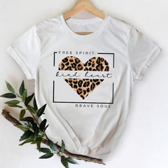 Women Leopard Heart Graphic T shirt Top Print Tee T-Shirt