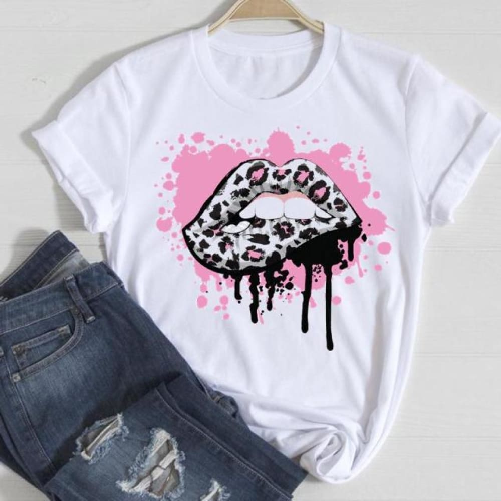 Women Lip Leopard Love Graphic T shirt Top Lady Print Tee T-Shirt CZ24982 / S