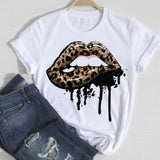 Women Lip Leopard Love Graphic T shirt Top Lady Print Tee T-Shirt CZ24983 / L