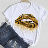 Women Lip Leopard Love Graphic T shirt Top Lady Print Tee T-Shirt CZ24985 / S