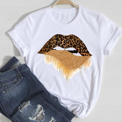 Women Lip Leopard Love Graphic T shirt Top Lady Print Tee T-Shirt