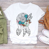 Women Short Sleeve Dream Feather Fashion Print Top T Shirt Graphic Tee T-Shirt CZ25466 / M