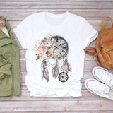 Women Short Sleeve Dream Feather Fashion Print Top T Shirt Graphic Tee T-Shirt CZ22098 / M