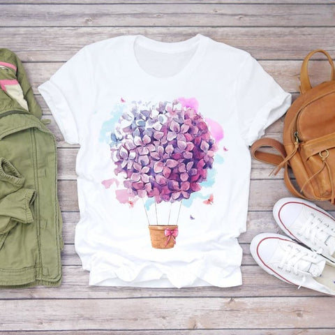Women Short Sleeve Floral Flower Fashion Top T Shirt Graphic Tee T-Shirt