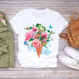 Women Short Sleeve Floral Flower Fashion Top T Shirt Graphic Tee T-Shirt CZ9056 / S