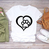 Women T-shirts Dog Cat Paw Letter Sweet Animal Print Graphic Top Shirt Tee T-Shirt CZ23049 / S