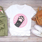Women T-shirts Dog Cat Paw Letter Sweet Animal Print Graphic Top Shirt Tee T-Shirt CZ23042 / M