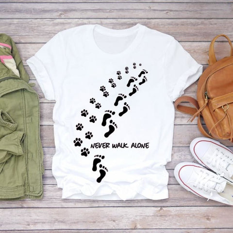 Women T-shirts Dog Cat Paw Letter Sweet Animal Print Graphic Top Shirt Tee T-Shirt