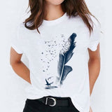 Women Watercolor Feather Bird Casual Print Graphic T Shirt Tee T-Shirt CZ22555 / L