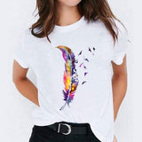 Women Watercolor Feather Bird Casual Print Graphic T Shirt Tee T-Shirt CZ22567 / L