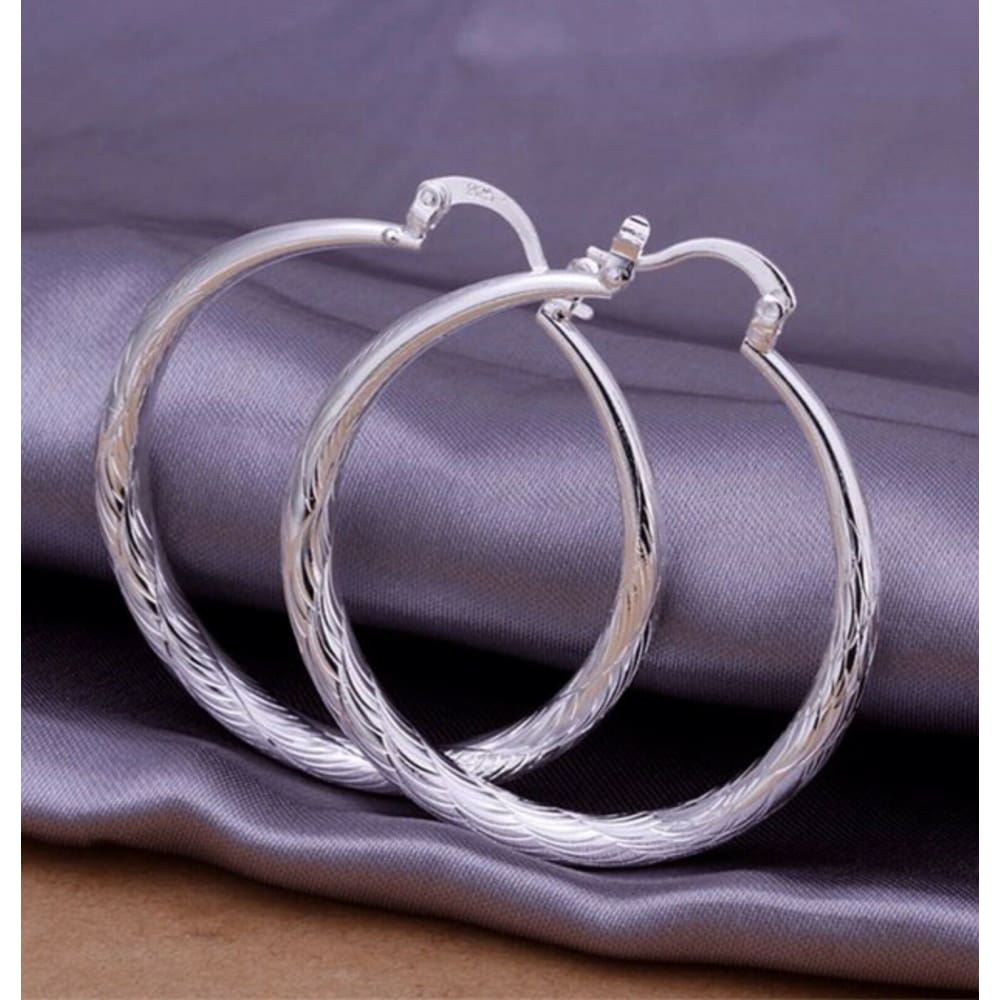 Women’s 925 Sterling Silver 2” Medium Round Diamond-Cut Etched Hoop Earrings