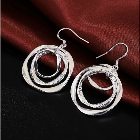 Women’s 925 Sterling Silver Circles In Circles Abstr Art Dangle Hook Earrings