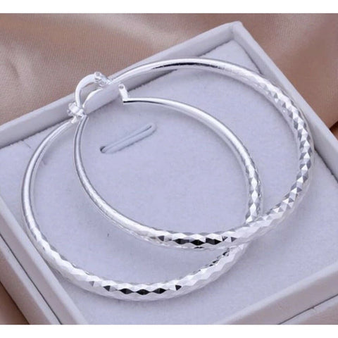 Women’s 925 Sterling Silver Diamond Cut Hoops Big Stylish 2” Inch Earrings