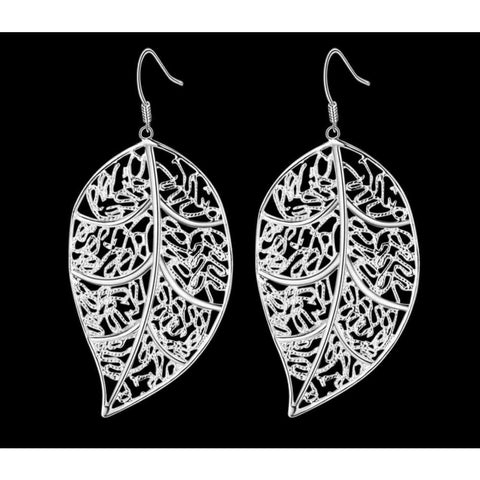 Women’s 925 Sterling Silver Filigree Leaf 2” Inch Long Drop Dangle Hook Earrings