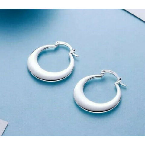 Women’s 925 Sterling Silver Round Smooth Crescent Moon Hoop Earrings 1.1 inch